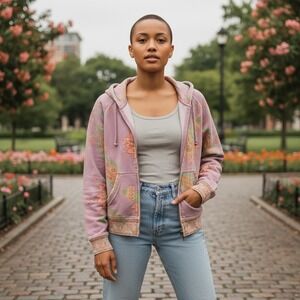 Lucky Brand Pink Floral Print Zip Up Hoodie Sweatshirt Women's Medium Paisley